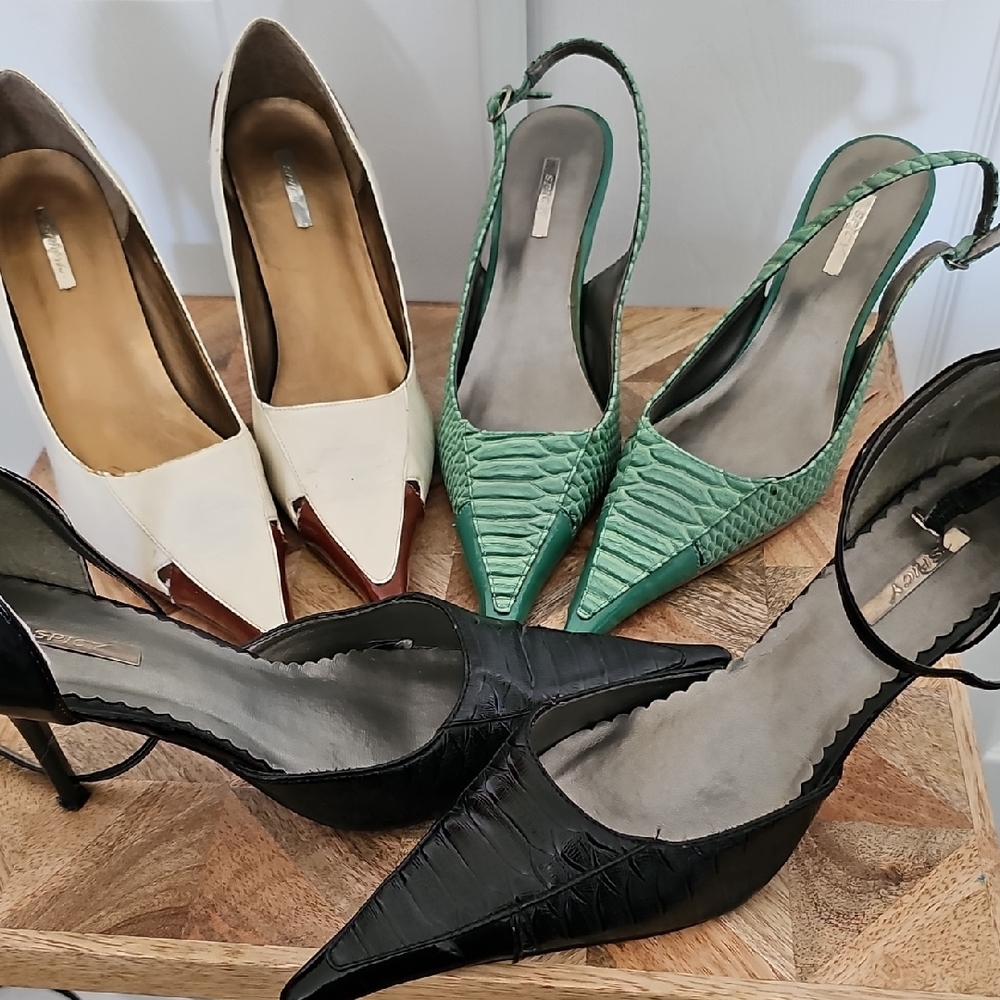3 Pair Bundle Chic Women's Pointed Toe Heels - Black, Cream, Green 4 In Heel